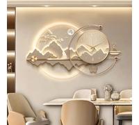 3D Luxury Wall Clock with LED Light, Modern Oriental Landscape Wall Art with Deer & Pine Decor, Silent Backlit Walls Clock for Living Room, Dining Room & Entryway (Gold B 80cm/31.4in)