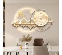 3D Luxury Wall Clock with LED Light, Modern Oriental Landscape Wall Art with Deer & Pine Decor, Silent Backlit Walls Clock for Living Room, Dining Room & Entryway (Gold a 100cm/39.3in)