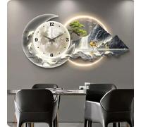 3D Luxury Wall Clock with LED Light, Modern Oriental Landscape Walls Art with Deer & Koi Fish Decor, Silent Backlit Wall Clock for Entryway, Fulu Zen Inspired Artwork (Silver a 100cm/39.3in)