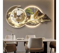 3D Luxury Wall Clock with LED Light, Modern Oriental Landscape Walls Art with Deer & Koi Fish Decor, Silent Backlit Wall Clock for Entryway, Fulu Zen Inspired Artwork (Gold a 100cm/39.3in)