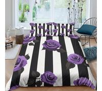 3D Machine Washable Microfibre Purple roses Quilt Cover Breathable Bedding Set w/ Pillowcases Modern floral pattern Comforter Cover All Season Easy Care, Washable for Home Decor Double（200x200cm）