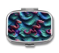 3D Magical Dragon Scales Pill Box 2 Compartment, Portable Pill Case with Mirror for Pocket Purse Travel, Mini Metal Medicine Organizer for Vitamins Fish Oil