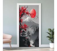 3D Maple Tree Red Moon Mountain Door Sticker, Pavilion Temple River Mural, Oriental Wallpaper Self-Adhesive Removable PVC Door Decal for Bedroom Living Room Home Decor Wall Murals 85x215 cm L4j77