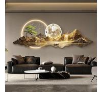 3D Metal Wall Art for Living Room, Modern Wall Sculpture with LED Light and Clock, Oriental Feng Shui Landscape Wall Decor for Bedroom and Home (A Style,120 * 40cm)