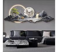 3D Metal Wall Art with LED Light and Clock, Modern Feng Shui Mountain Landscape Wall Sculpture for Living Room Bedroom Home Decor