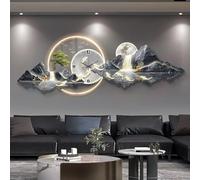 3D Metal Wall Art with LED Light and Clock, Modern Feng Shui Mountain Landscape Wall Sculpture for Living Room Bedroom Home Decor