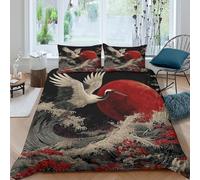 3D Microfiber RedMoonCrane Bedding Quilt Cover All Season Soft Bedding Sets with Matching Pillowcase JapaneseUkiyoEStyle Quilt Cover Set Easy Care, Washable for Bedroom Decor Super king（260x220cm）