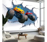 3D Monster Truck Hole Mural Wallpaper, White Wallpaper for Bedroom Living Room TV Backdrop Office Hotel Corridor Wall Background Decoration Non-Woven Wall Paper 250 X 175 cm (WxH)