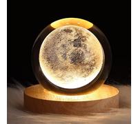 3D Moon Crystal Ball Night Light Ball Projection Lamp Planet Model,3D Crystal Ball with Led Wooden Base Gift for Christmas Thanksgiving Birthday, Home Room Decor LED Night - USB Powered