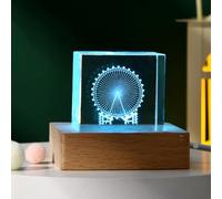 3D Moon Model Cubic Crystal Earth Led Lamp with Wooden Base Seven Colors Flicker Swirl Planet Table Lamp Suit for Bedroom Nightstand Living Room USB Powered