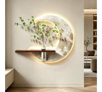3D Moon Shaped Sandstone LED Wall Art with Shelf, Vase & Artificial Plant for Living Room Bedroom Entryway Decoration