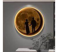 3D Moon Wall Art Decor, Metal Frame Planet Sculpture with LED Lights, Glowing Planet Mural for Living Room, Bedroom, Entryway - Unique Decorative Lighting Piece