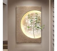 3D Moon Wall Art with Lights LED, Large Sandstone Wall Hanging Decor with Simulated Green Plant, Frameless Design 3D Wall Hanging Painting for Living Room Hallway(A,50 * 70cm)