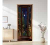 3D Moonlight Trees Door Mural Sticker for Interior Doors, Waterproof PVC Door Stickers Wall Decoration, Magic Forest Moon Door Poster Stickers for Bedrooms Living Room 85 x 215 cm (W x H)