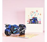 3D Motorcycle Pop Up Birthday Card for Men - Blue Motorcycle Greeting Card with Envelope & Blank Note - Unique Father's Day Card for Dad, Husband, Brother