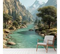 3D Mountain River Forest Stream Wall Stickers, Landscape Nature Mural Self-Adhesive Wallpaper, Tree Sky Cloud Vinyl Murals Poster for Home Office Bedroom Decoration 210x300 cm