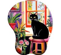 3D Mouse Mat with Wrist Support Black cat and flower language by the window Ergonomic Mouse Pad with Silicone Comfort Gel Gaming Mousepad with Non-Slip PU Base for Computer Laptop Office&Home