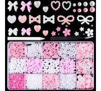 3D Multi Shapes Nail Charms and Flatback Pearls Set, Pink White Nail Charm Jewelry for Deco, Mix Styles Heart Star Bow Tie Flower Embellishments for Nail Art with Pickup Tools (Accessory Kit)