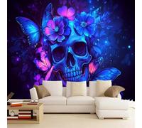 3D Mural Black and Blue Skull 366x254cm，Butterfly Flower Silk Cloth Decor Wallpaper,for Bedroom Living Room Sofa TV Background