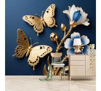 3D Mural Golden 3D Butterfly and Flower 230x180cm,Blue Simple Modern Art Silk Cloth Decor Wallpaper,for Bedroom Living Room Sofa TV Background Not Self Adhesive