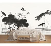 3D Mural Ink Painting of Lotus and Lotus Leaves 400x280cm,Retro Art Silk Cloth Decor Wallpaper,for Bedroom Living Room Sofa TV Background Not Self Adhesive