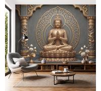 3D Mural Photo Wallpaper - Realistic Religion Golden Buddha White Lotus Dragon Pillar Wall Interior Decor Wallpaper, 3D Panel Bathroom Restaurant Hall Hallway Wall Art,Silver-Gray 350 × 256 cm