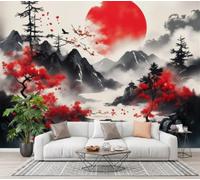 3D Mural Photo Wallpaper - Traditional Ink Painting Red Sun Mountain Range Cherry Blossoms Backdrop Wall Interior Decor Wallpaper, 3D Panel Bathroom Restaurant Hall Hallway Wall Art 300 × 210 cm