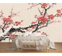 3D Mural Red Plum Blossoms and Snowflakes 300x240cm,Chinese Style Silk Cloth Decor Wallpaper,for Bedroom Living Room Sofa TV Background Not Self Adhesive