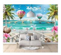 3D Mural Self-Adhesive Wallpaper Beach Scenery, hot air Balloons, Waves, Seagulls 100x70cm Hotel Wall Photo Art Poster Picture Tv Background Boys and Girls Room Decor