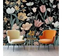 3D Mural Wallpaper 250 x 175 cm Bedroom Home Poster Decoration Vintage Country House Tulip Wildflowers Non-Woven Fabrics Mural Wall for Bedrooms Dark Green Photo Wallpaper for Living Room Bedroom