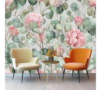 3D Mural Wallpaper 350 x 256 cm Bedroom Home Poster Decoration Watercolor Tulip Peony Flowers Non-Woven Fabrics Mural Wall for Bedrooms Pink Green Photo Wallpaper Wall Mural for Living Room Bedroom