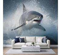3D Mural Wallpaper Animal Great White Shark Sea Wave Foam W400 x H280 cm | Hd Printing Wall Mural, Non-Woven Panoramic Poster Ocean Wallpaper Murals for Bedroom Living Room Kids Room