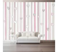 3D Mural Wallpaper for Living Room, Bedroom, Kids Room Cartoon Stripes Love Heart - Large Photo Mural for Tv Background Wall Pink Gray Non-Woven Art Decor Poster 300 X 210 Cm