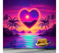 3D Mural Wallpaper for Living Room, Bedroom, Kids Room Cyber Style Neon Heart - Large Photo Mural for Tv Background Wall Neon Heart Beach Non-Woven Art Decor Poster 200 X 140 Cm