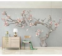 3D Mural Wallpaper Pink Floral Tree Branch Relief Wallpaper 3D Effect Murals for Bedroom and Living Room Wall Decoration -KX00742, 310x250cm