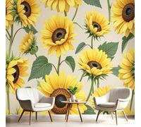 3D Mural Wallpaper Yellow-Green Green Leaf Sunflower Silk Cloth Photo Wall Art Flowering Plants for Corridor Nursery Bedroom and Living Children's Room Wall Decoration Poster,150X105Cm