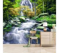 3D Murals Wallpaper Green Primeval Forest 274x203cm，Waterfall Stream Silk Cloth Wall Art for Living Room Bedroom