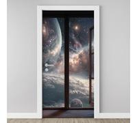 3D Mystery Universe Planet Door Sticker, Romance Wooden Window View Mural, Stars Nebula Wallpaper Self-Adhesive Removable PVC Door Decal for Bedroom Living Room Home Decor Wall Murals 85x215 cm P5j27