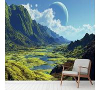 3D Mystical Space Stars Planets Wall Stickers, Mountains Forest River Mural Self-Adhesive Wallpaper, Nature Landscape Vinyl Murals Poster for Home Office Bedroom Decoration 210x300 cm