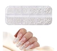 3D Nail Art Charms 12 Grid Semicircular Pearl Balls for Nail Decorations | Small Stainless Steel Beads, Caviar & White Flatback Crystal Beads for Acrylic Nail