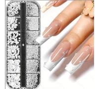 3D Nail Art Charms - 12Grid Rhinestones, Semicircular Pearl Balls, Small Stainless Steel Beads, Caviar & White Flatback Crystal Beads for Acrylic Nail Decorations