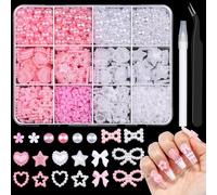 3D Nail Art Charms and Half Pearls, 3-6mm Pink White AB Pearls + Cute Assorted Star Heart Bow Nail Charms + Spring Cherry Flower with Pickup Tools for Manicure DIY Crafts