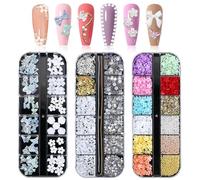 3D Nail Art Gemstone Kit Acrylic Butterfly, White Flowers, Bear, Star AB Crystals, Cute Nail Charms, 3 Box Jewellery, Craft Accessories with Tweezers