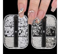 3D Nail Charms,2 Boxes 6 Grids Nail Pearls Rhinestone Nail Art Beads Nail Accessories Set,Heart Moon Geometric Shapes Flaback Nail Art Decorations for Women Girls Manicure Design DIY Crafts