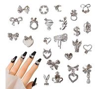 3D Nail Charms, 24 Pcs Shiny Nail Rhinestones Gems Heart Bow Dangle Nail Art Charms Silver Metal Nail Jewelry Luxury Nail Art Decoration for Nail Design DIY Crafts (Silver)