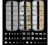 3D Nail Charms,3 PCS Premium 3D Metal Nail Charms & Gems Gold & Silver Nails Art Accessories with Bows Stars Boxes Flat Back Rhinestones for Nails Technicians & DIY Jewellery