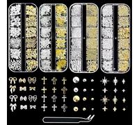 3D Nail Charms, 4 Boxes Nail Gems Gold Silver Rhinestones for Nails with Tweezers, Charms Y2K for Nails, Assorted Styles Bows Stars Pearls Cross Nail Charms for Women Girls Nails Art DIY Accessories