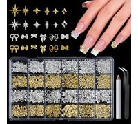 3D Nail Charms, Canvalite 1 Big Boxes Gold Silver Nail Stuff Nail Gems Rhinestones Charms with Tweezers, Assorted Styles Bows Stars Pearls Nail Art Charms for Women Girls Nail Art DIY Accessories