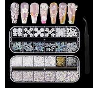 3D Nail Charms, Crystal Nail Gems for Nail Decorations, 2 Boxes 24Grids Butterfly Flower Pearls Rhinestones Silver Gold Chains Nail Stuff for Nail Art Design DIY Crafts
