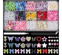 3D Nail Charms for Coquette Nails Design Set 1, Colorful Nail Bows + Assorted Heart Star Rose Butterfly Cute Nail Jewels + 3D Flower Charms and Nail Pearls, with Picker Tools for Nail Decor